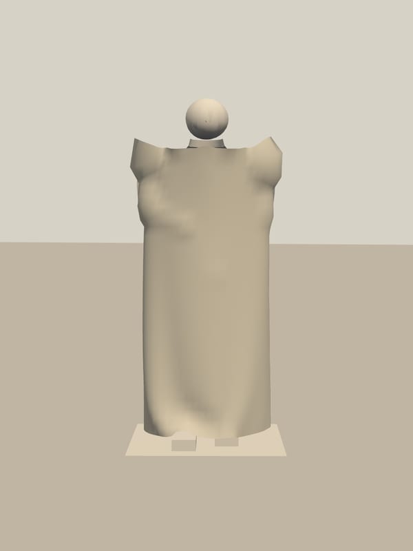 A standing figure in an undyed linen chiton, the cloth pinned at intervals along both arms.