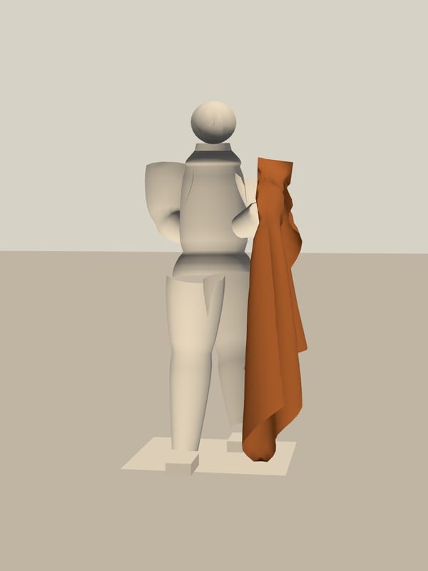 A striding figure with a short madder-red chlamys pinned at one shoulder and hanging clear of the legs.
