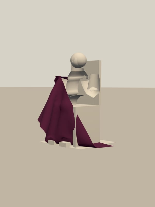 An enthroned figure with a tall chair back, a Tyrian purple himation gathered across the lap and hanging to the floor.