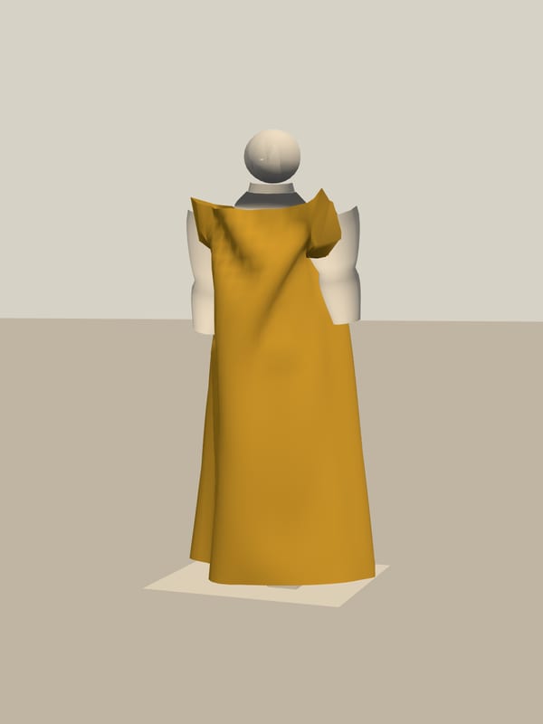 A standing figure in a saffron peplos, the cloth pinned at both shoulders and falling in vertical folds to the feet.